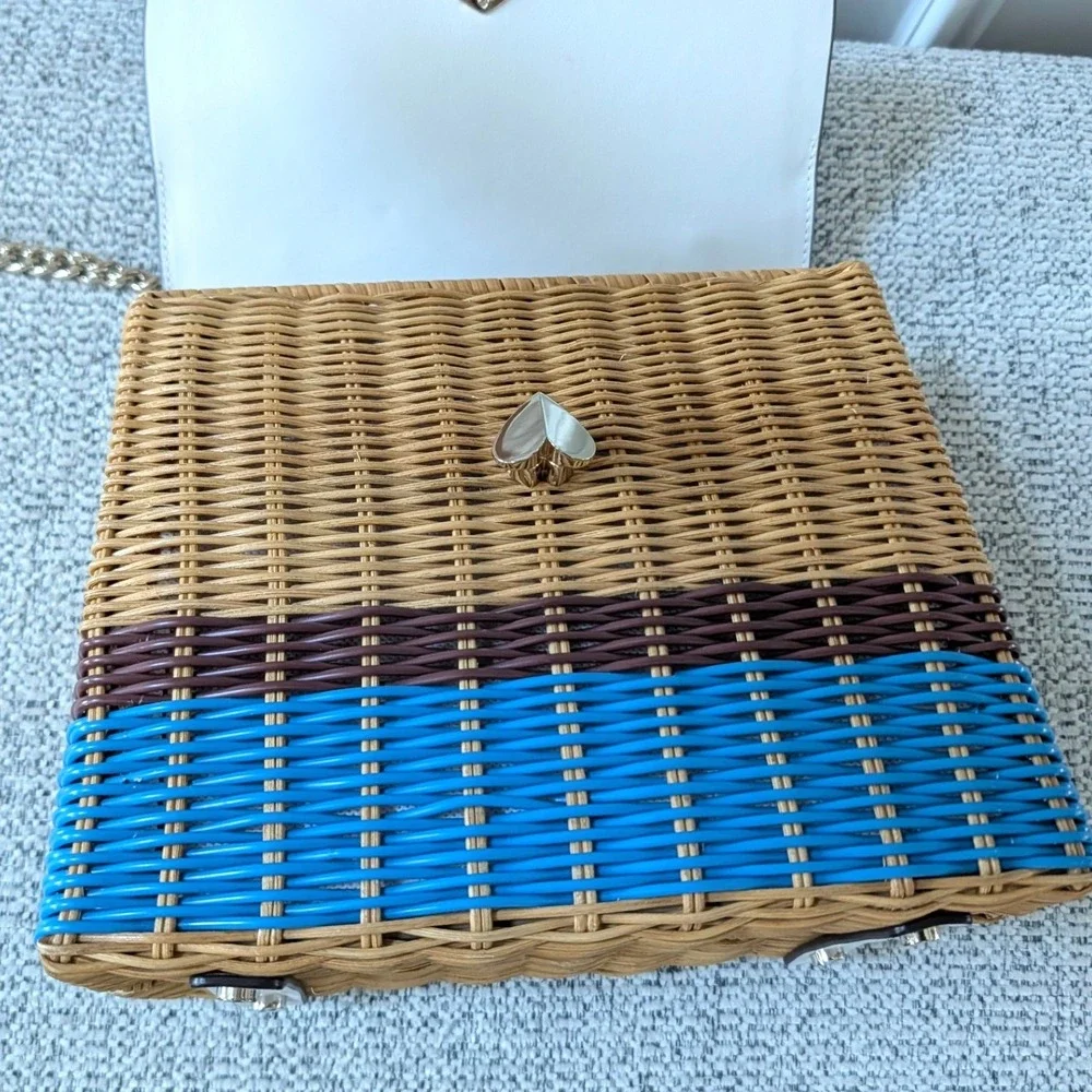 Kate Spade Romy Wicker Medium Top Handle Bag White Blue Woven
